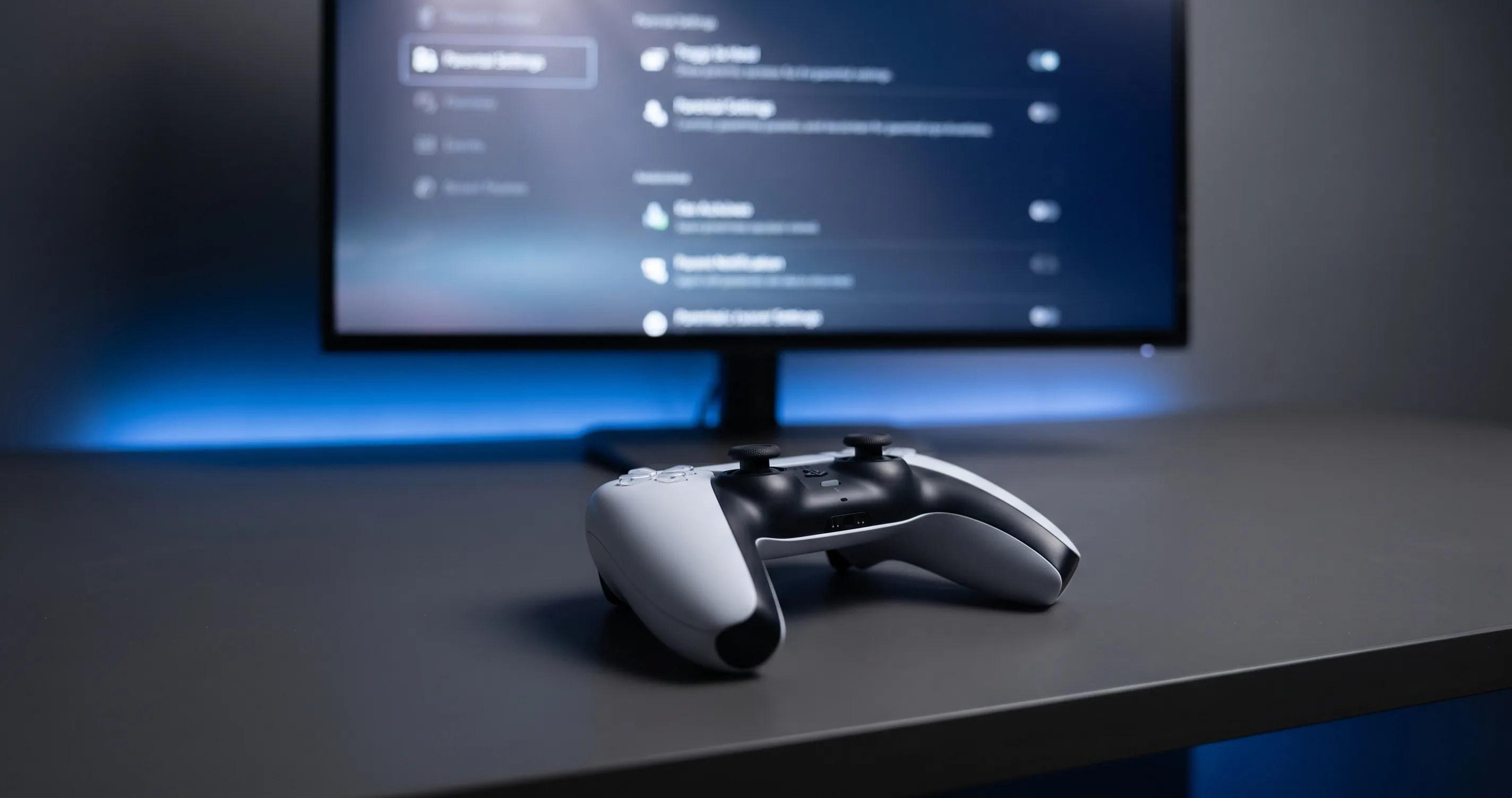 PS5 controller on a desk next to a parental settings screen - ps5 parental controls