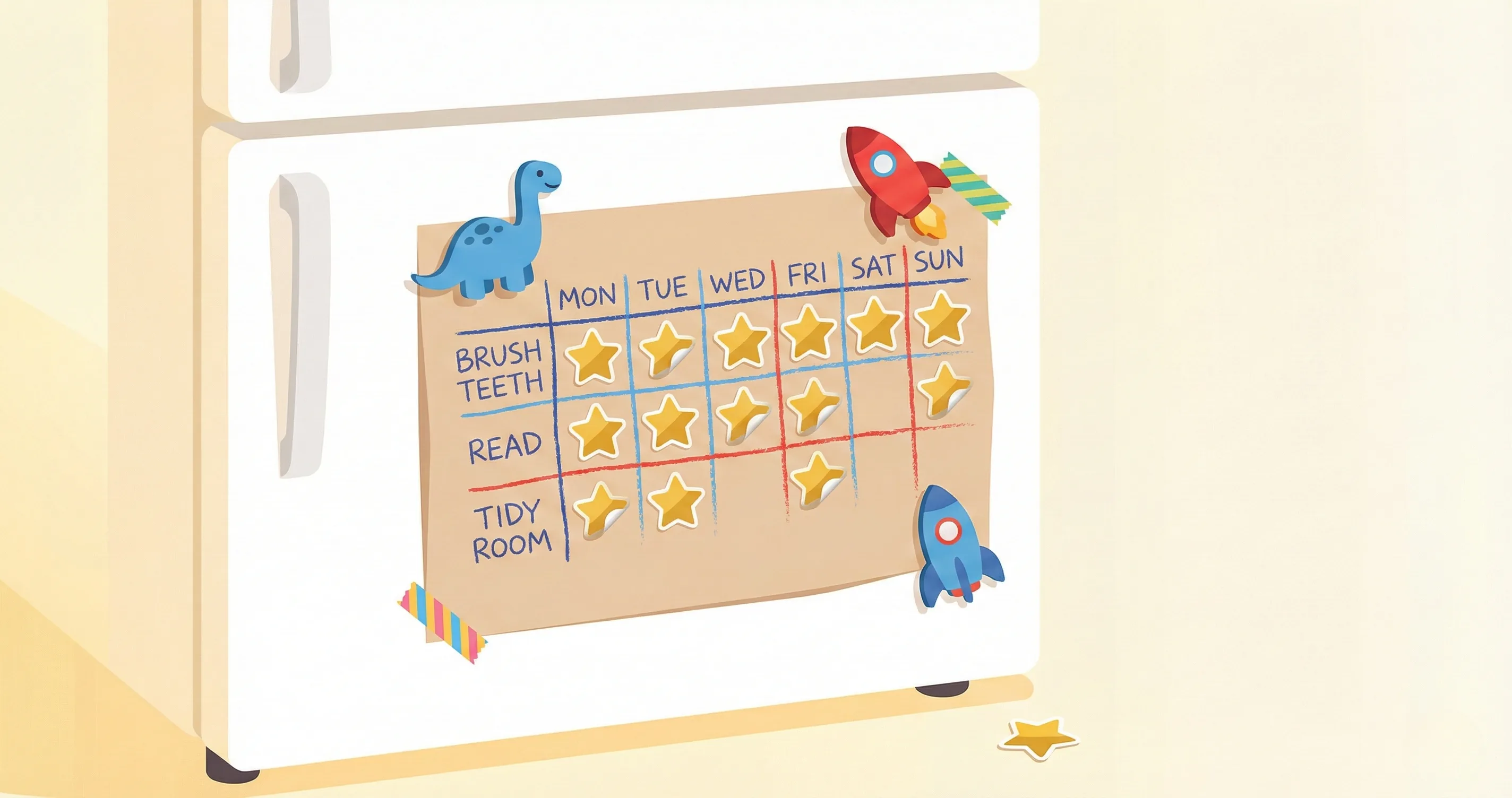 Colorful sticker chart on a refrigerator with some stickers peeling off - reward chart for kids that works