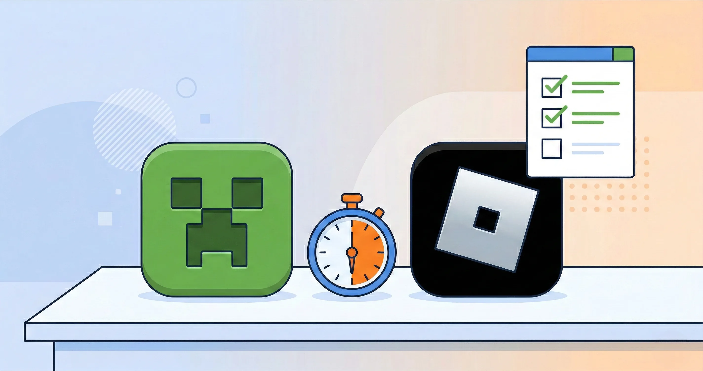 Game controllers on a desk with a timer and checklist - roblox screen time limits
