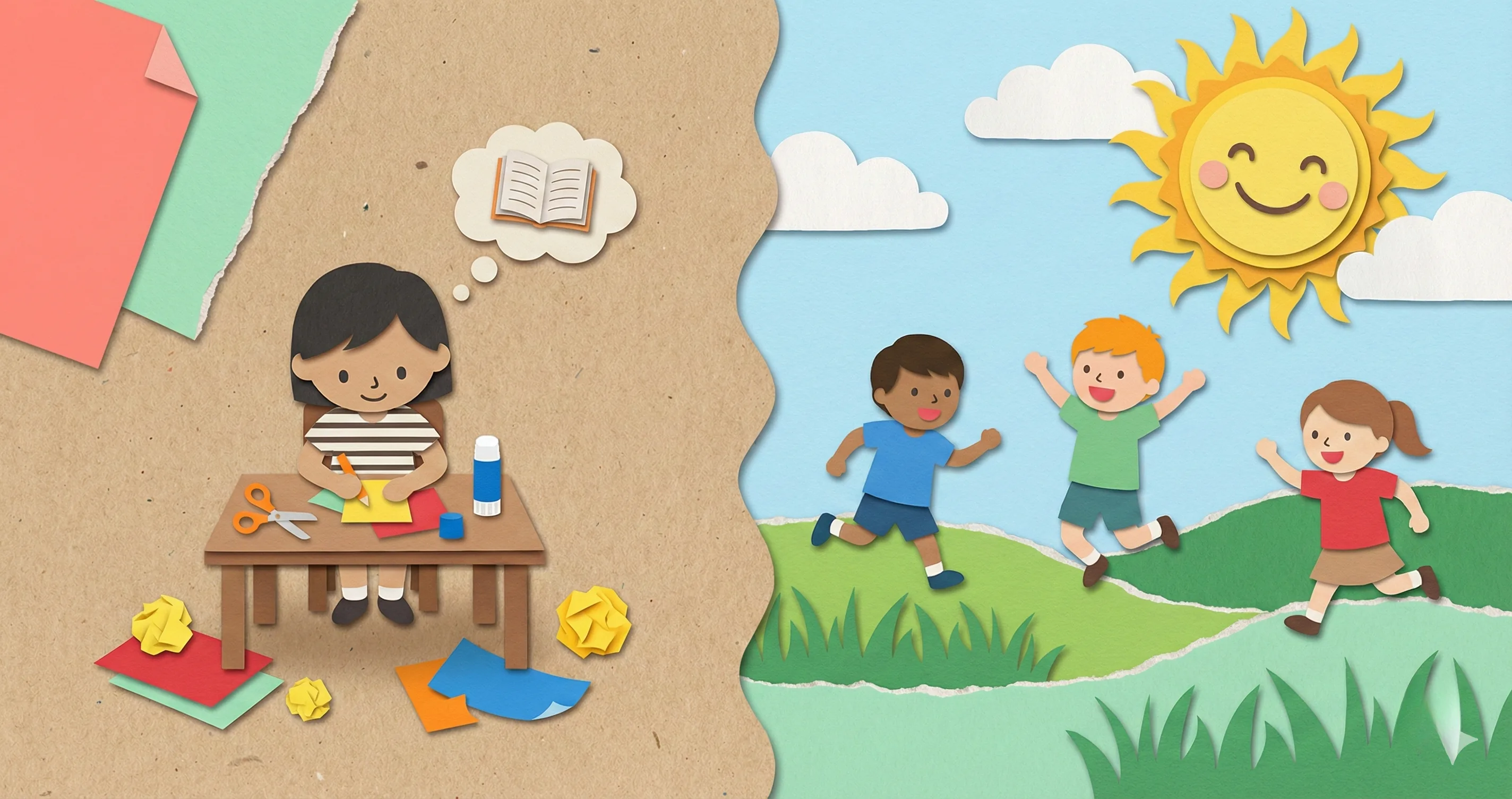 Children doing crafts and playing outdoors in a split scene - screen free activities for kids