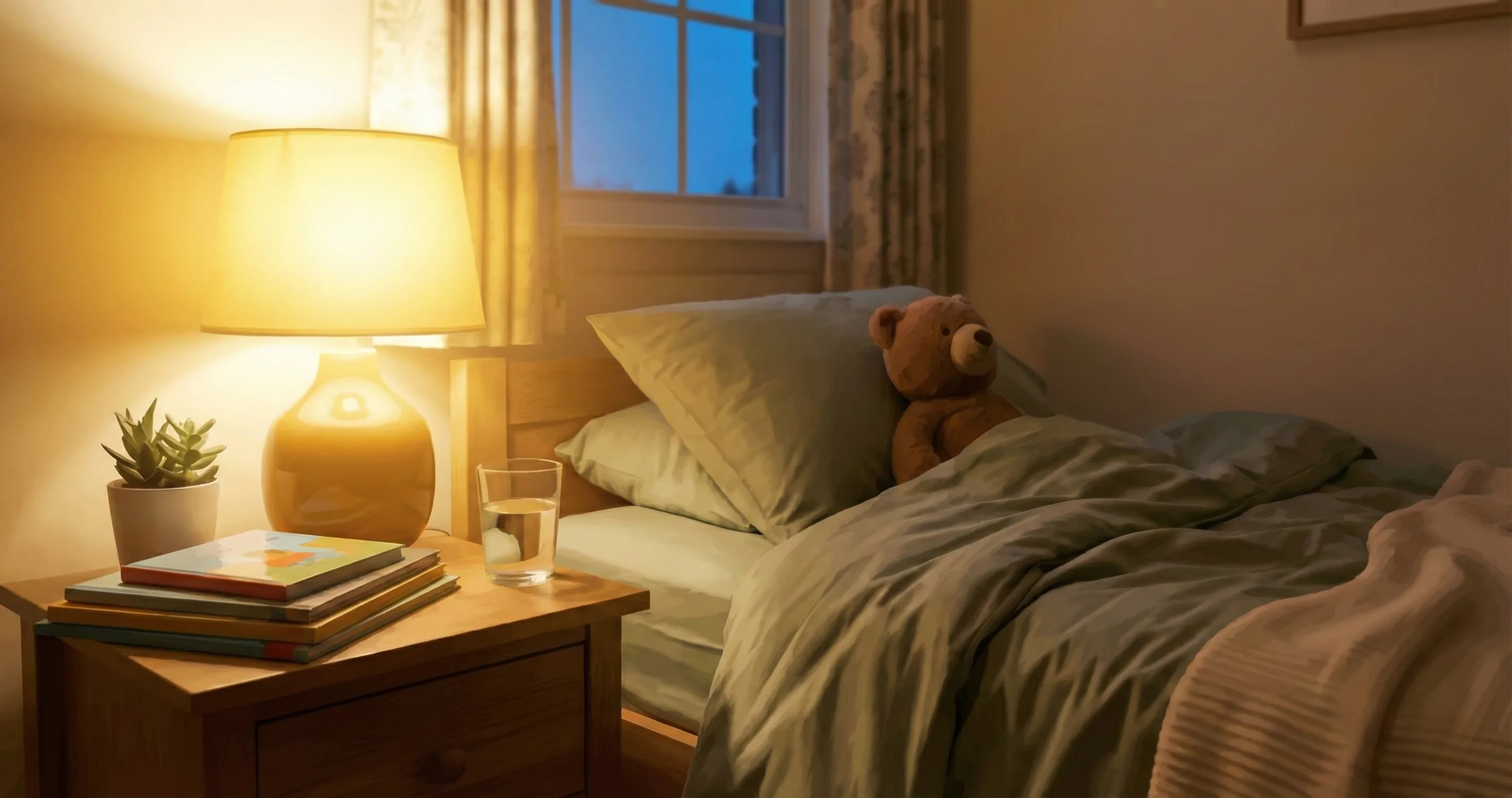 Cozy children's bedroom with soft lamp and books on nightstand, no screens visible - screen time before bed kids