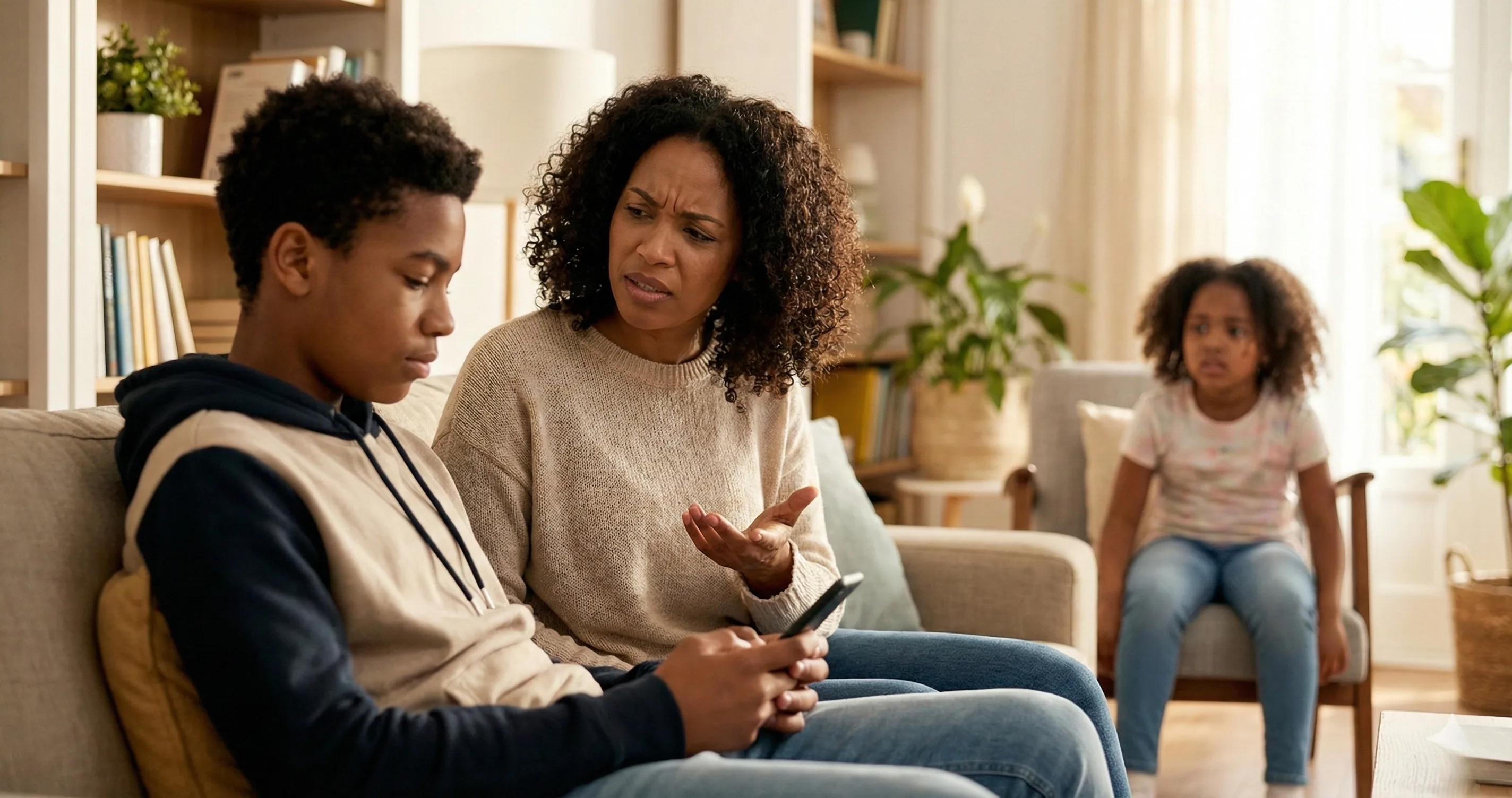 Parent and teenager in mild disagreement over phone use at home - screen time causing family arguments