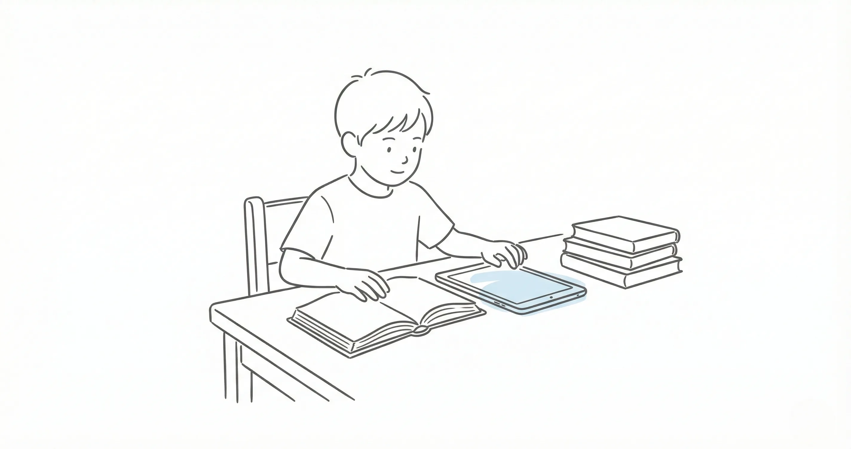 Line drawing of a child studying at a desk with a tablet and books nearby - how does screen time affect learning