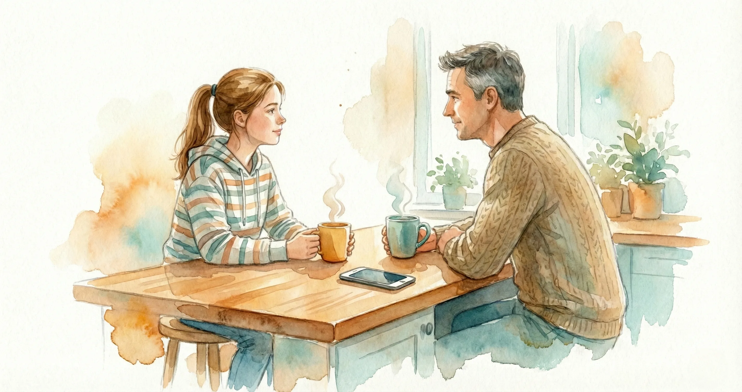 Teenager and parent talking at a kitchen counter - screen time for teenagers