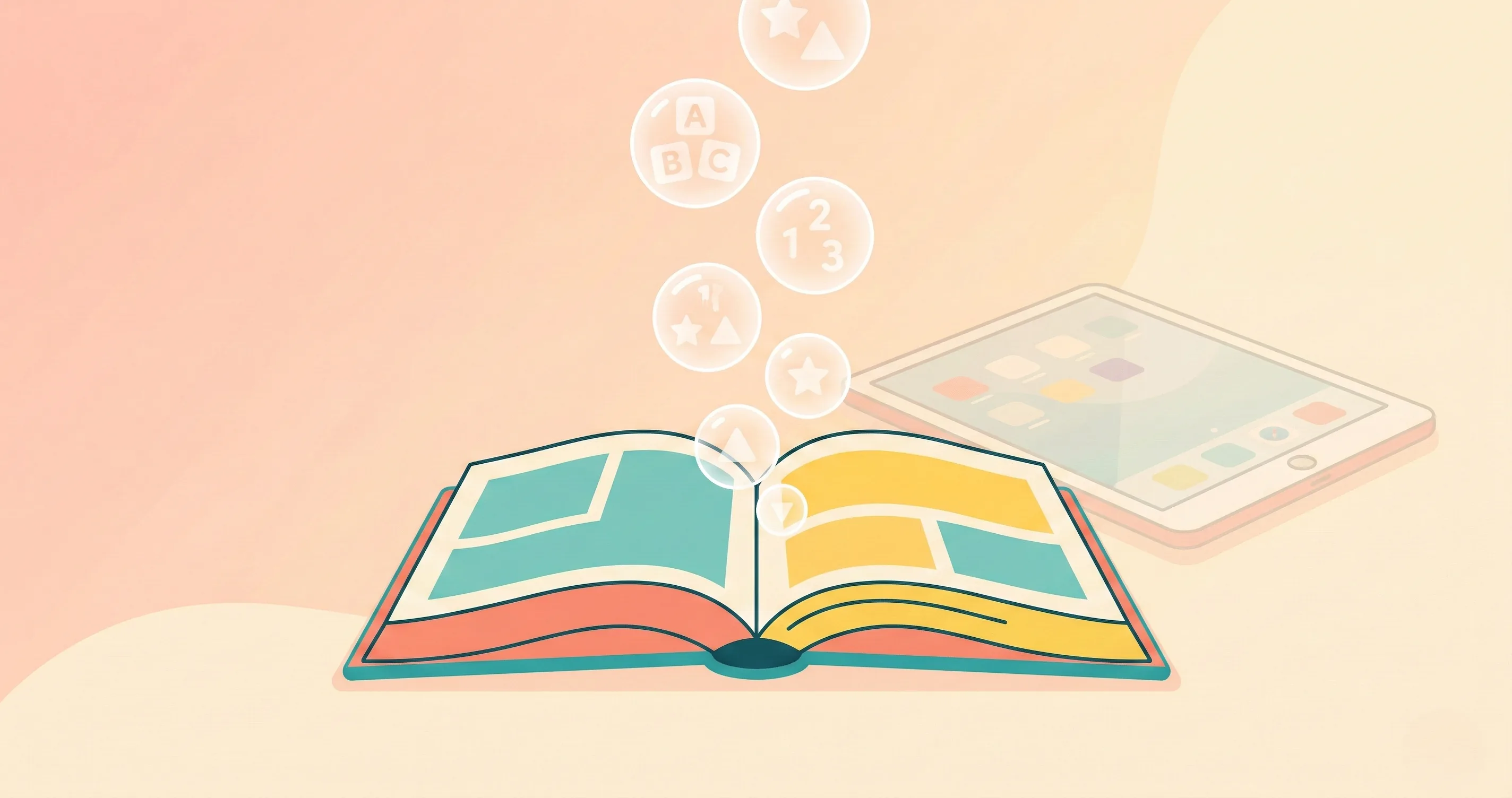 An open book with floating memory bubbles and a tablet in background - does screen time affect memory