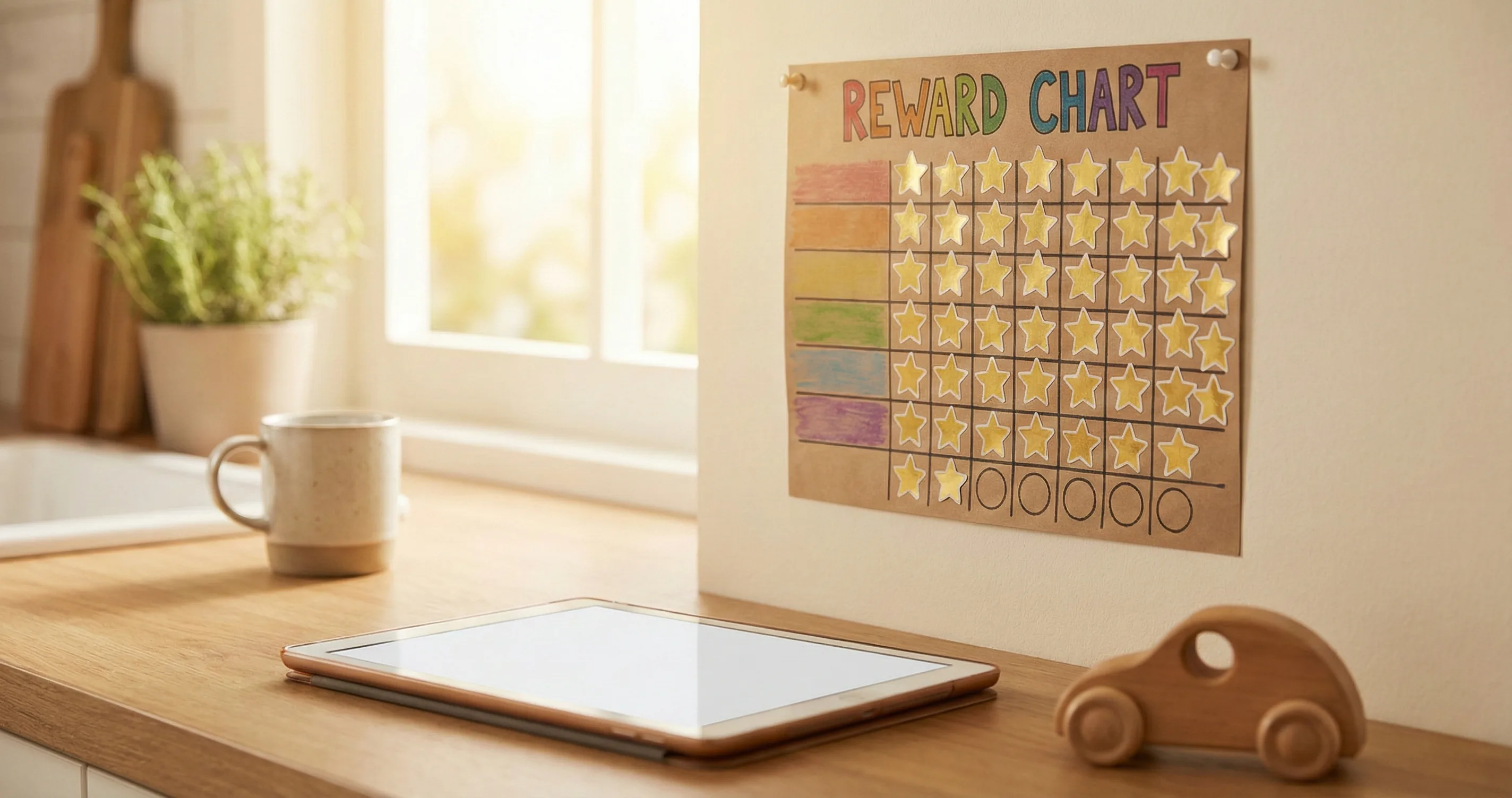 Colorful reward chart with gold star stickers on a kitchen wall - screen time reward system for kids