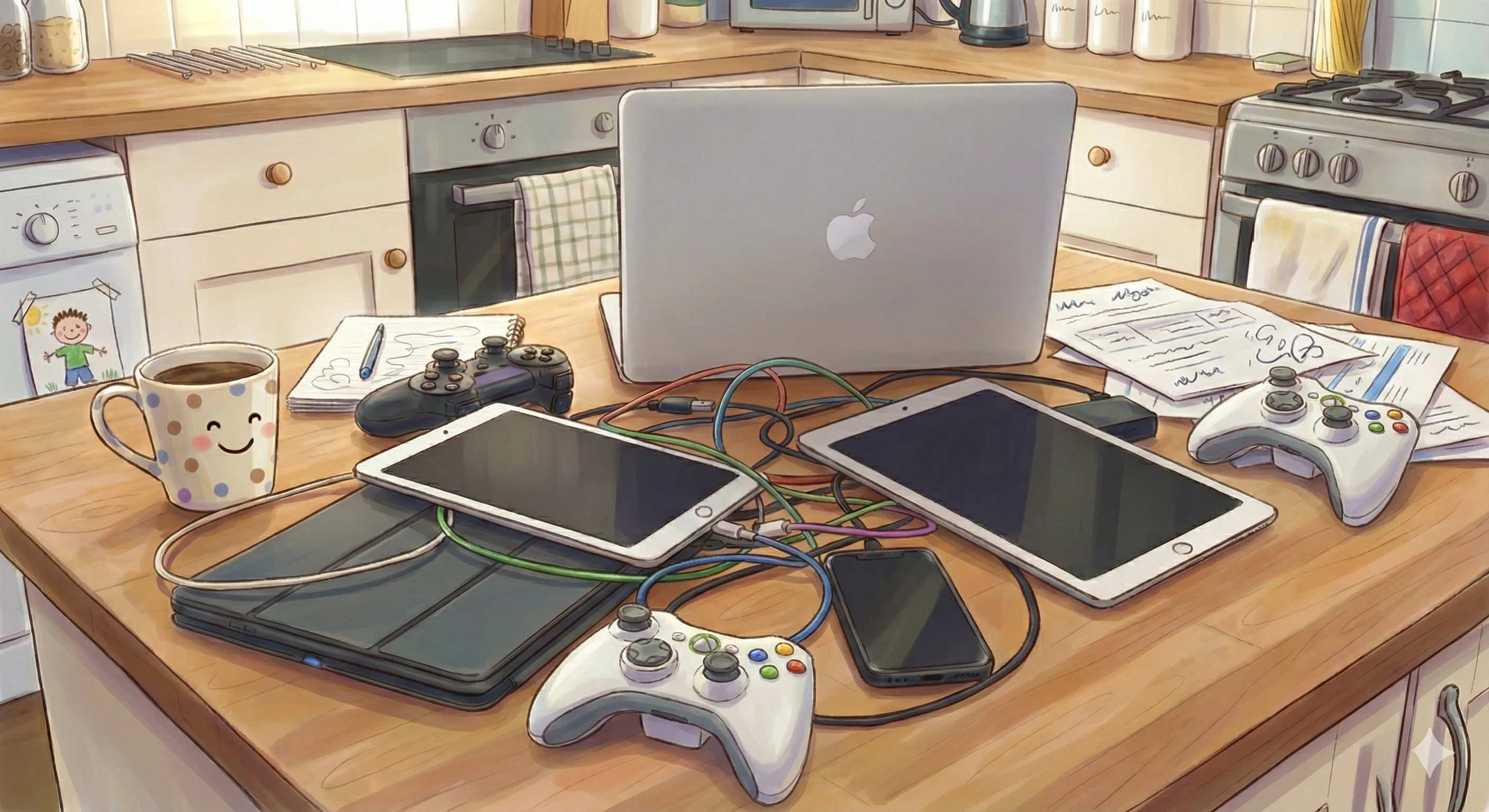 Family bookshelf with devices placed neatly between books and photos - screen time rules by age