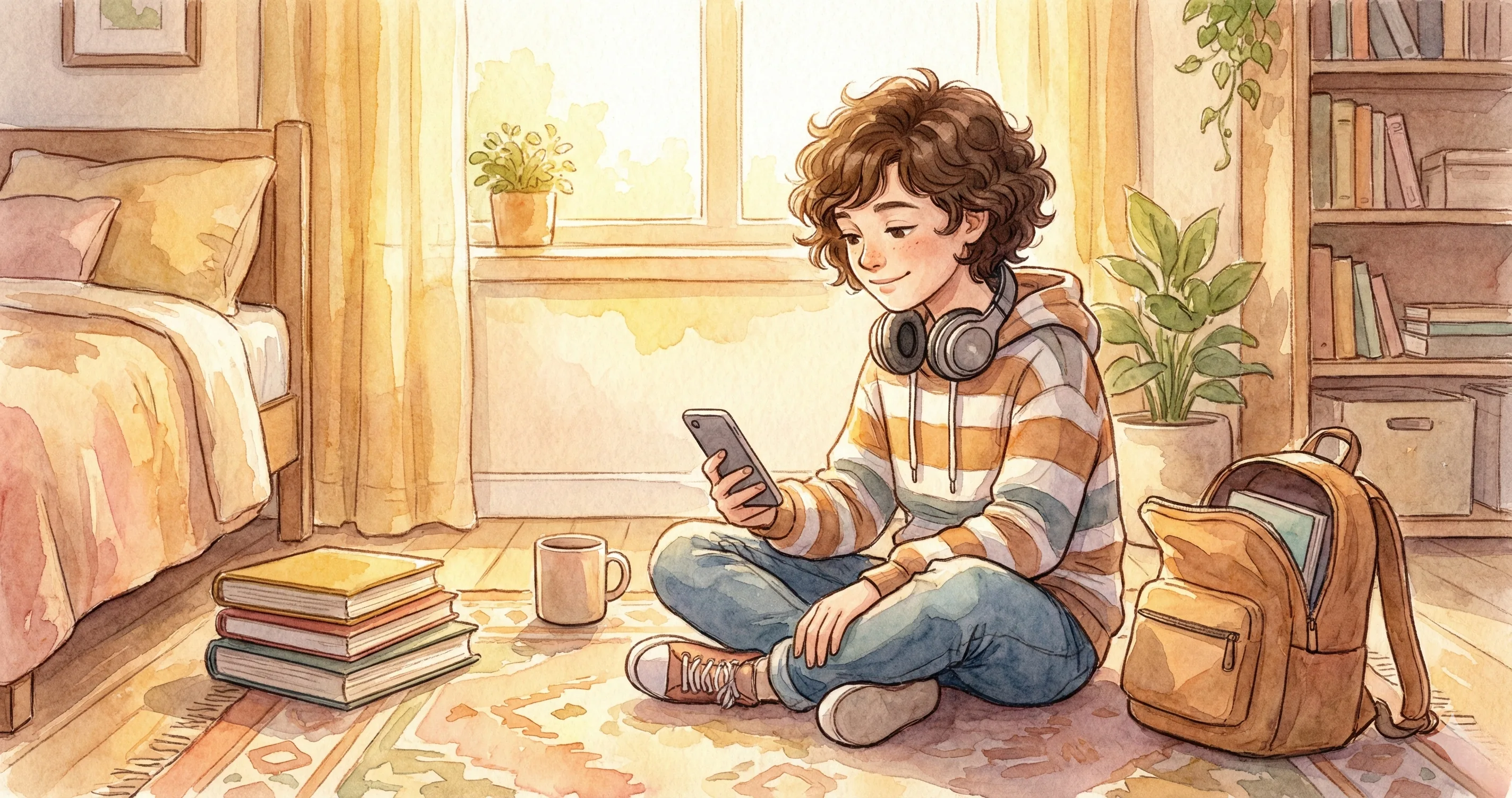 Tween sitting on bedroom floor with a phone and headphones - screen time rules for tweens