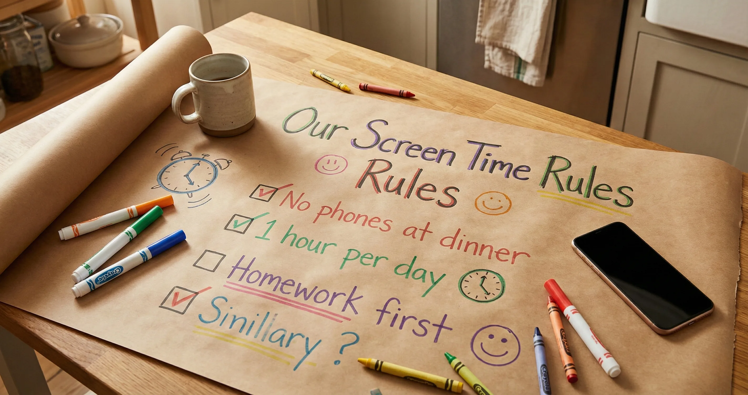 Handwritten family screen time rules on paper with colored markers - screen time rules that actually work