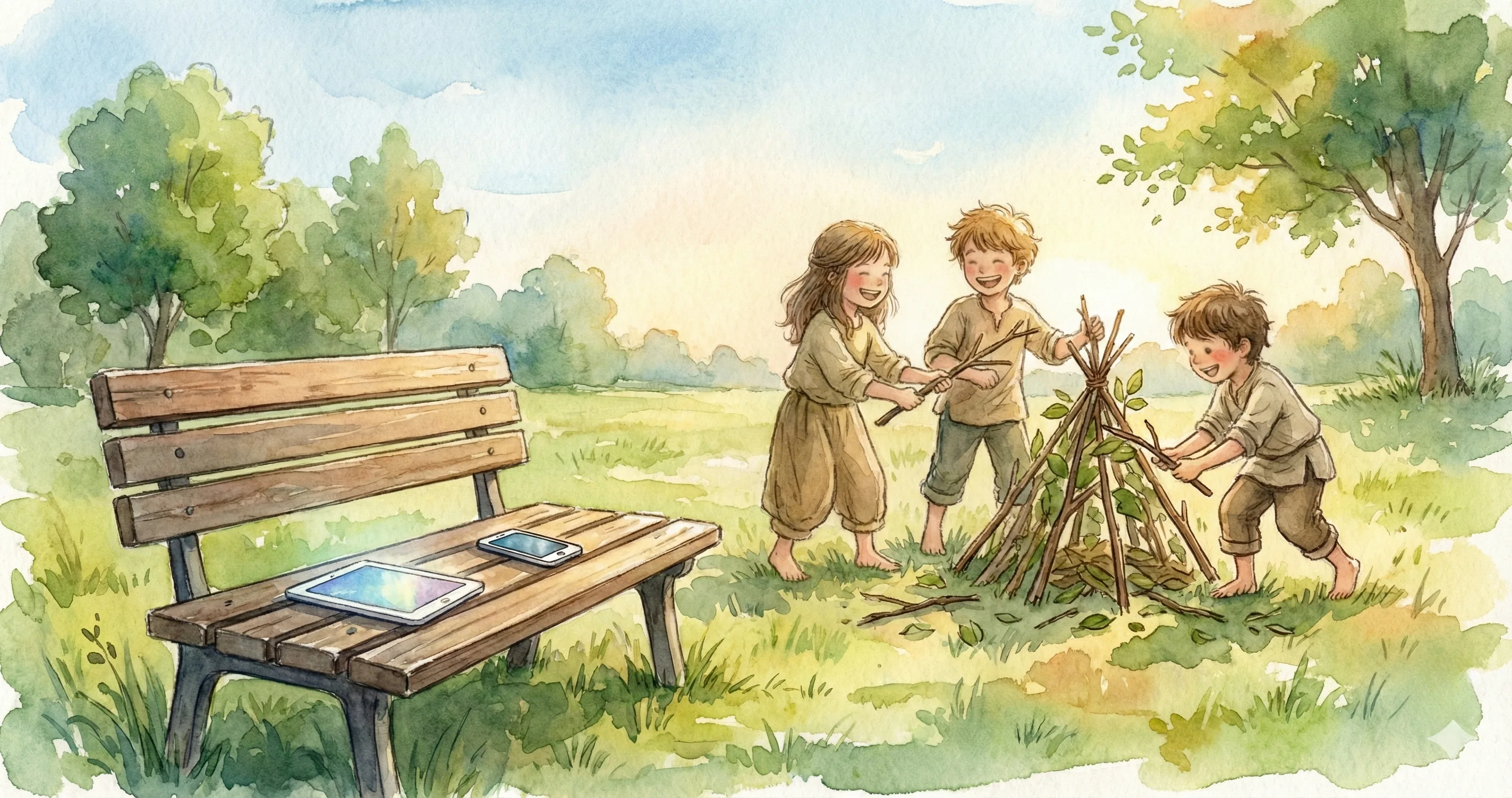 Children playing together outdoors while devices sit unused on a bench - screen time effects on social skills kids