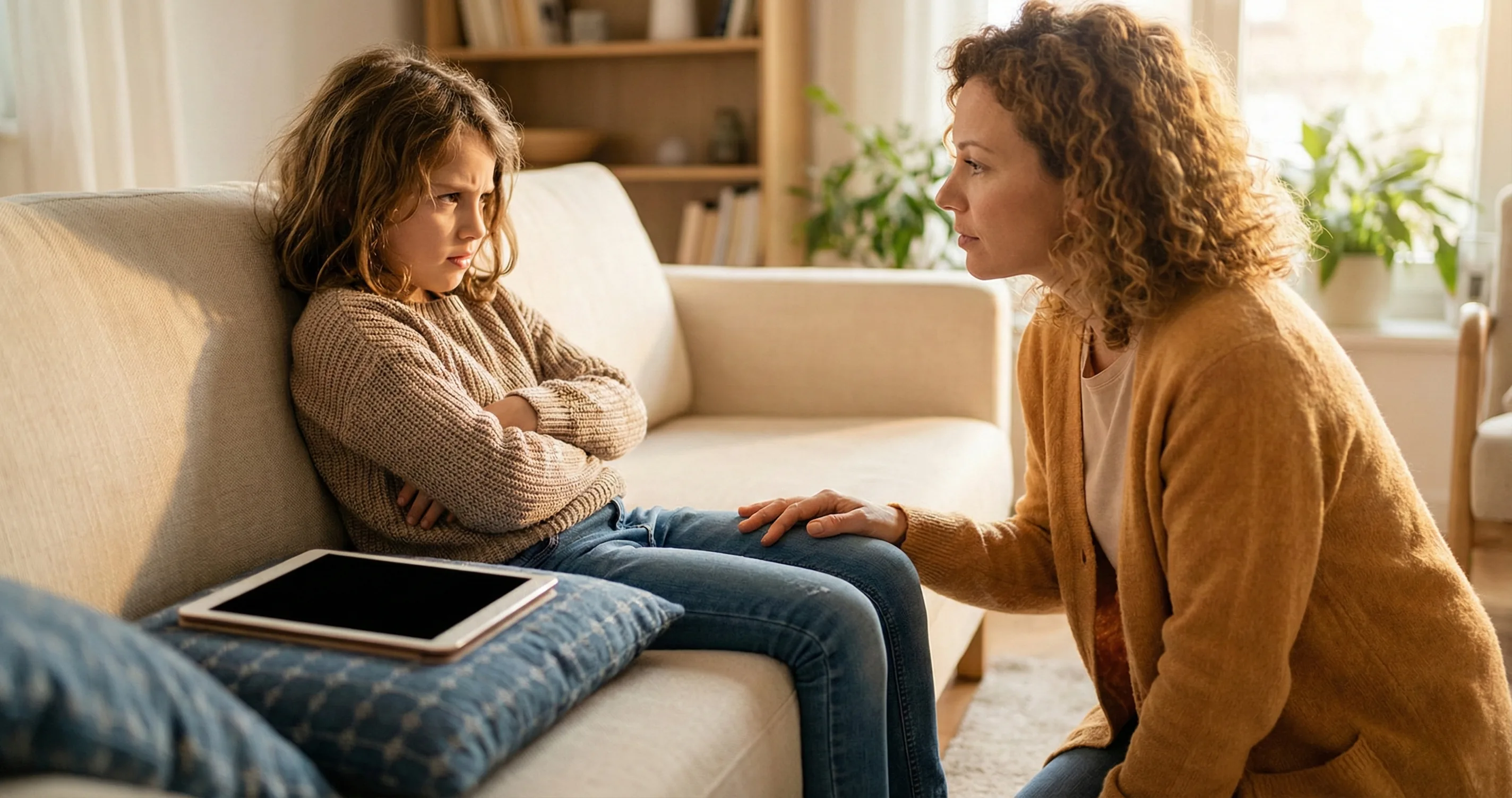 Child on couch looking frustrated while parent comforts nearby - screen time tantrums