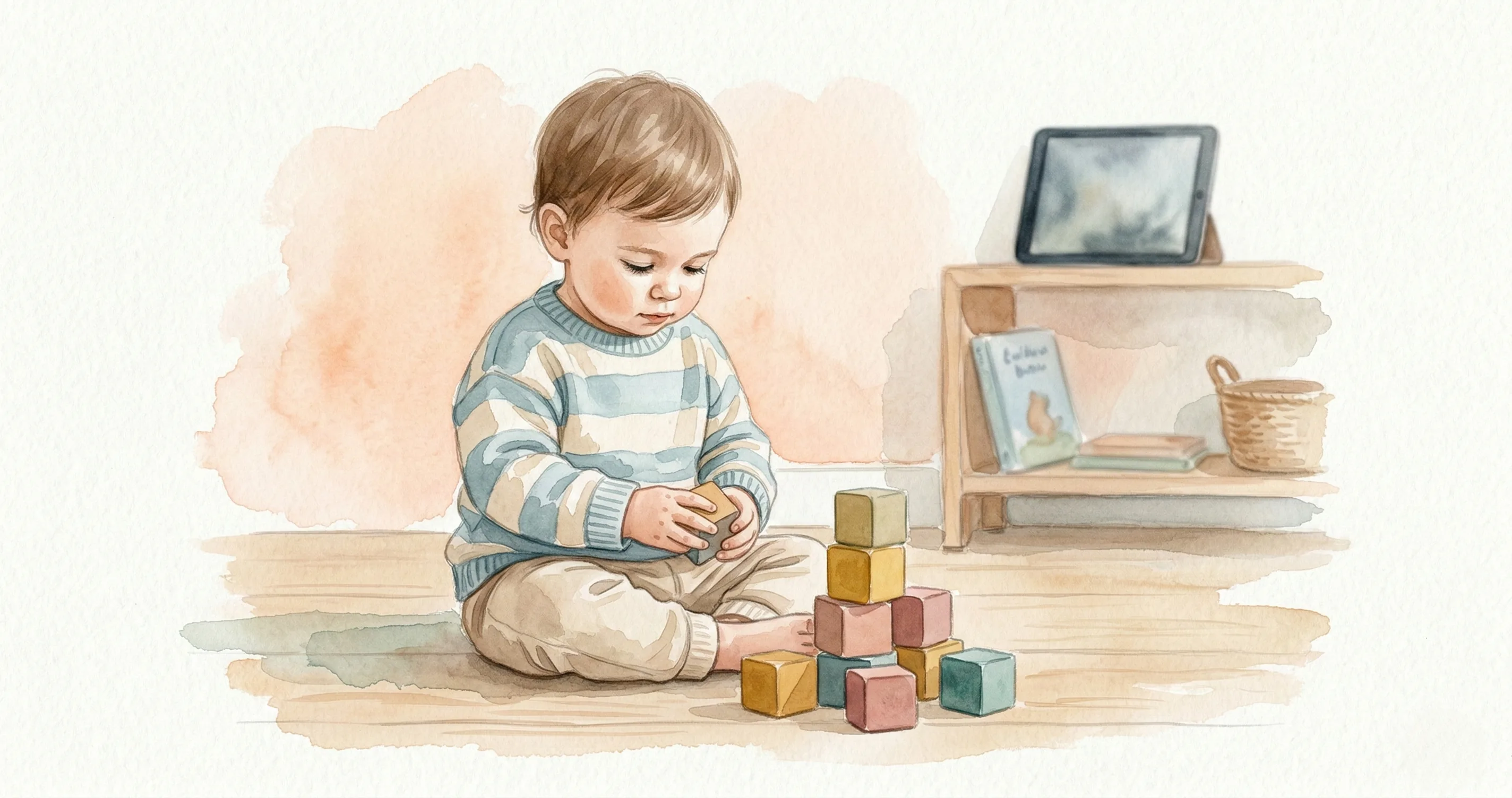 Toddler sitting near colorful building blocks with a tablet on a shelf - screen time for toddlers