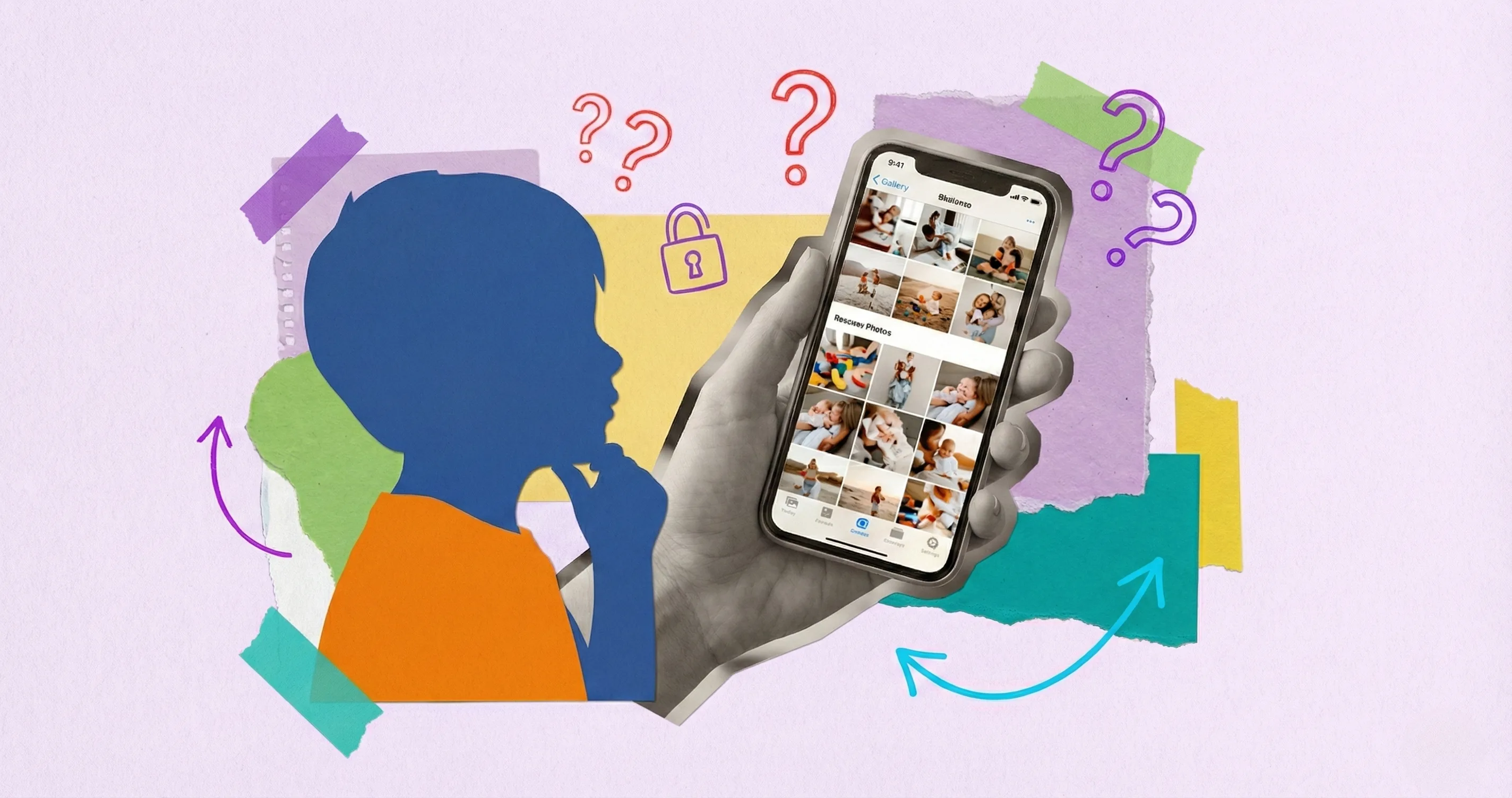 Parent reviewing phone photos near a child - sharenting