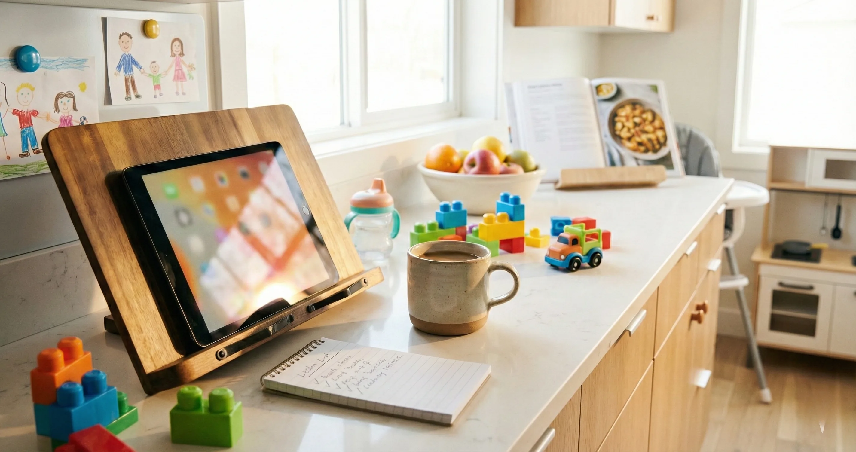 Kitchen counter with tablet, notepad, and coffee mug in afternoon light - should I use screen time as a reward
