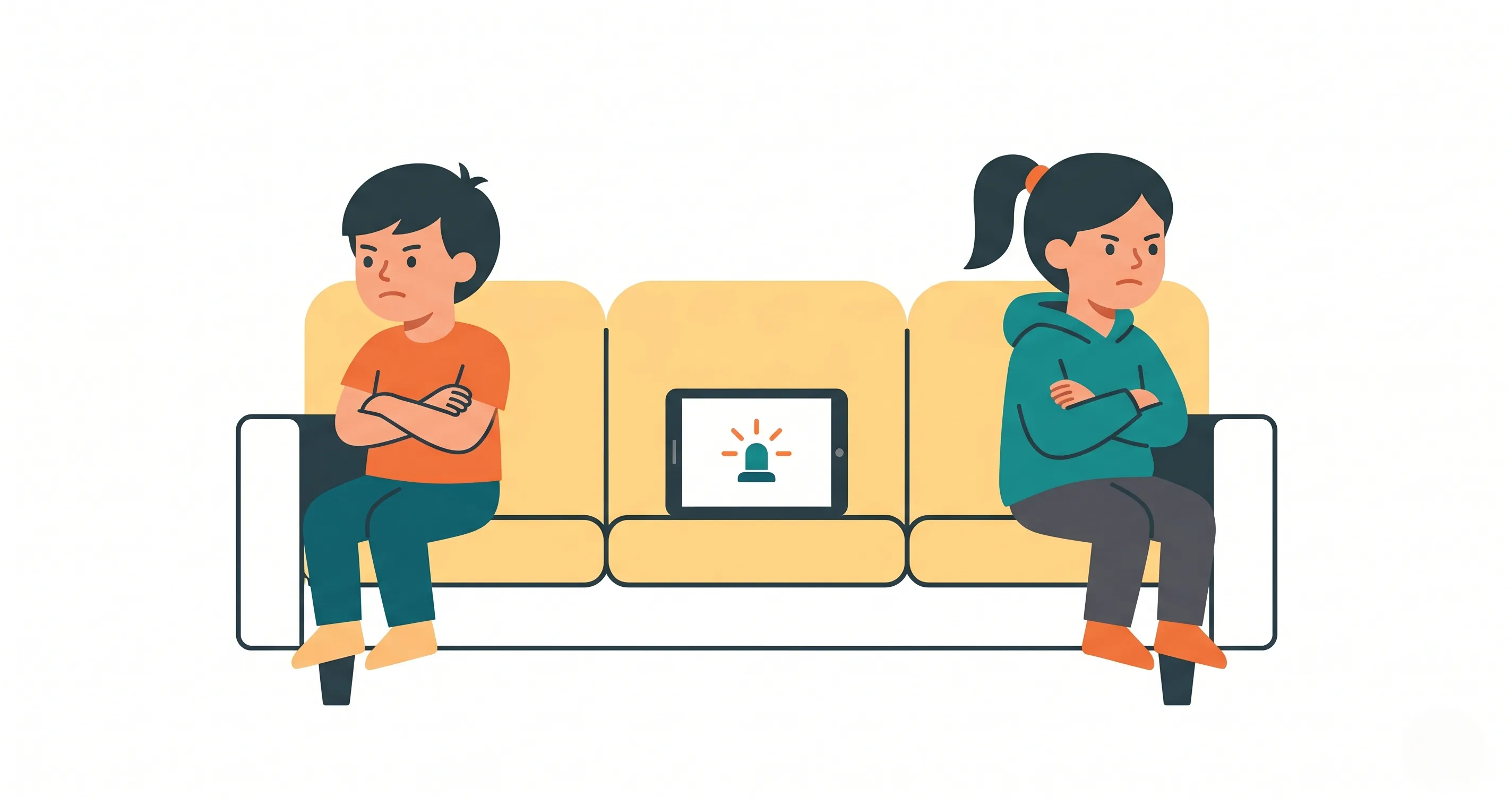 Two children arguing over a tablet on a couch - sibling fighting