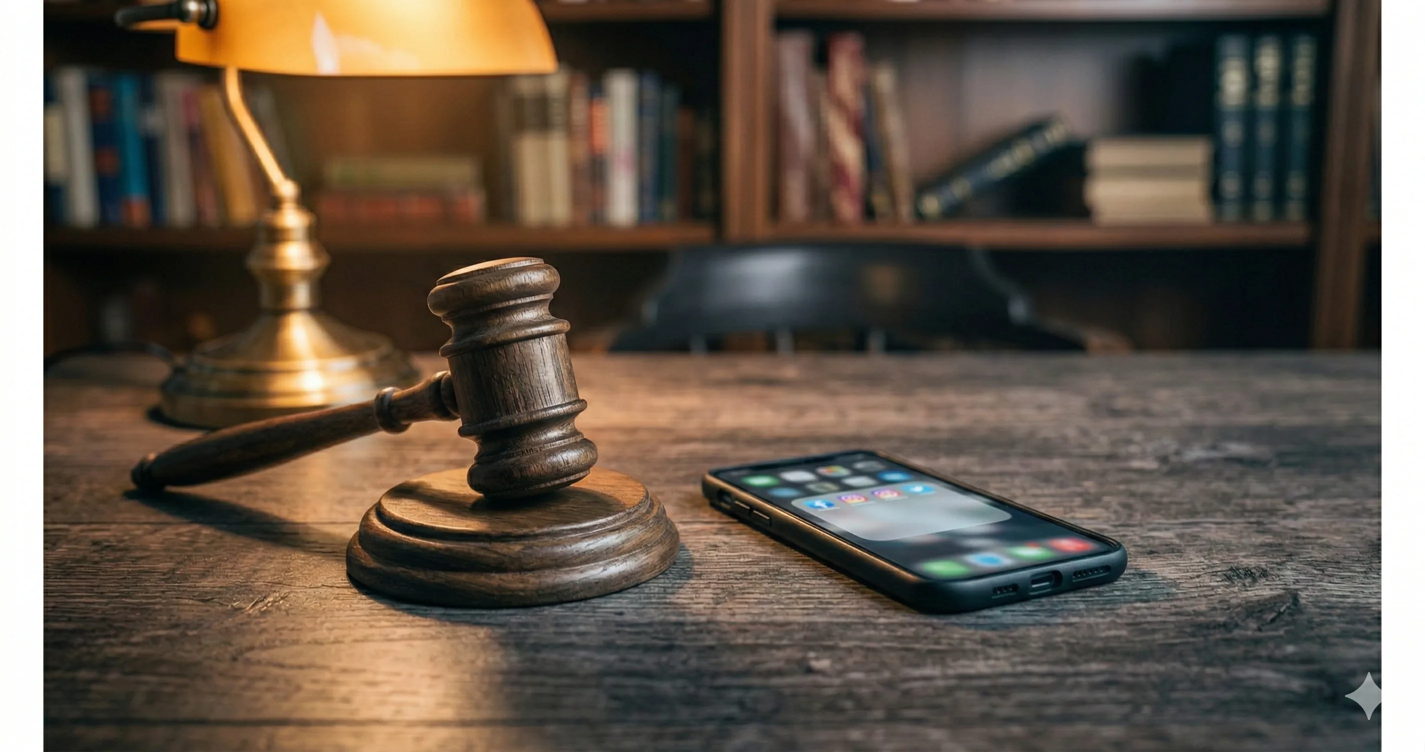 A gavel beside a phone showing social media app icons - social media age limit