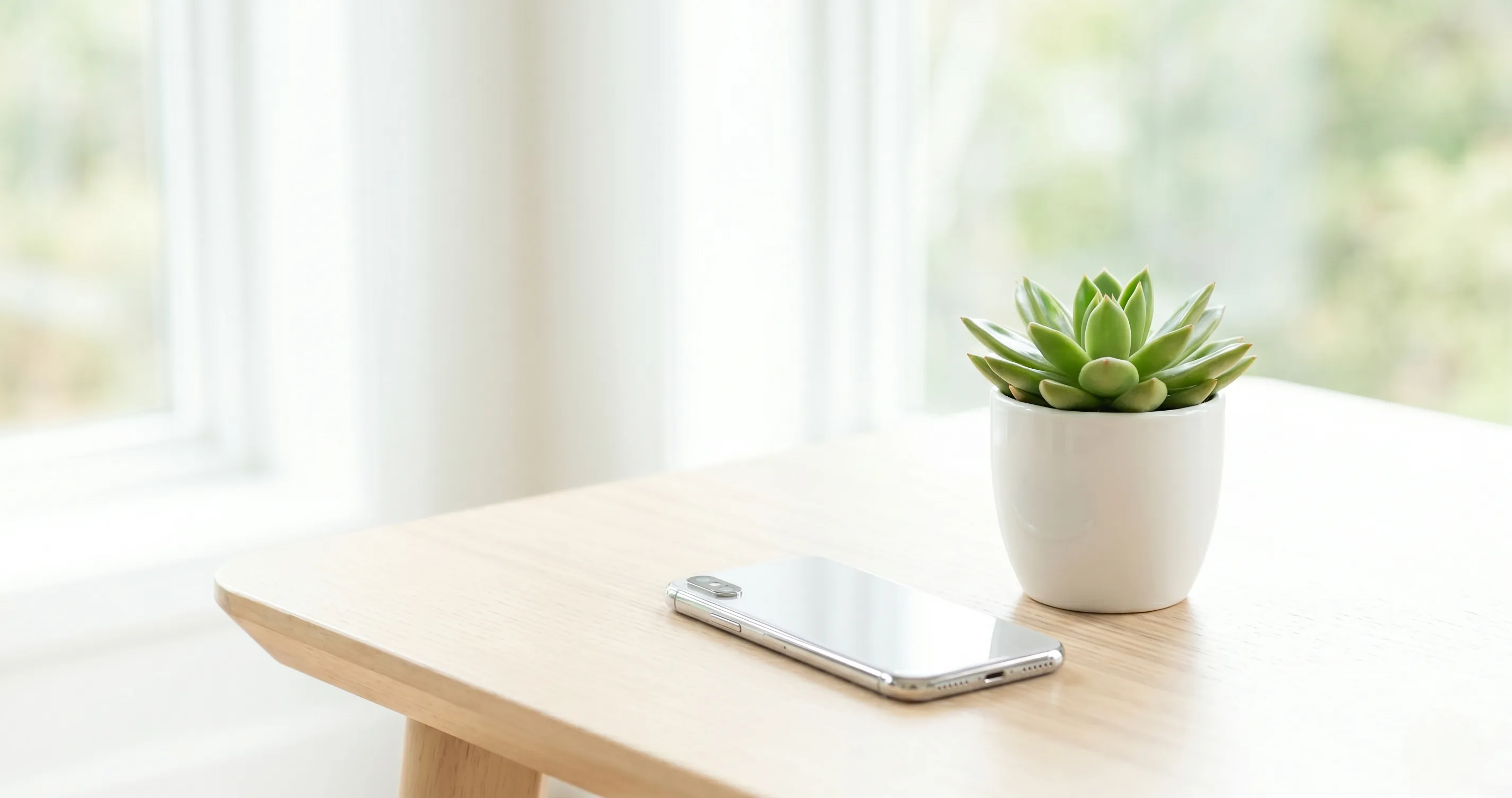 Phone placed face-down on a table with a plant beside it - social media break