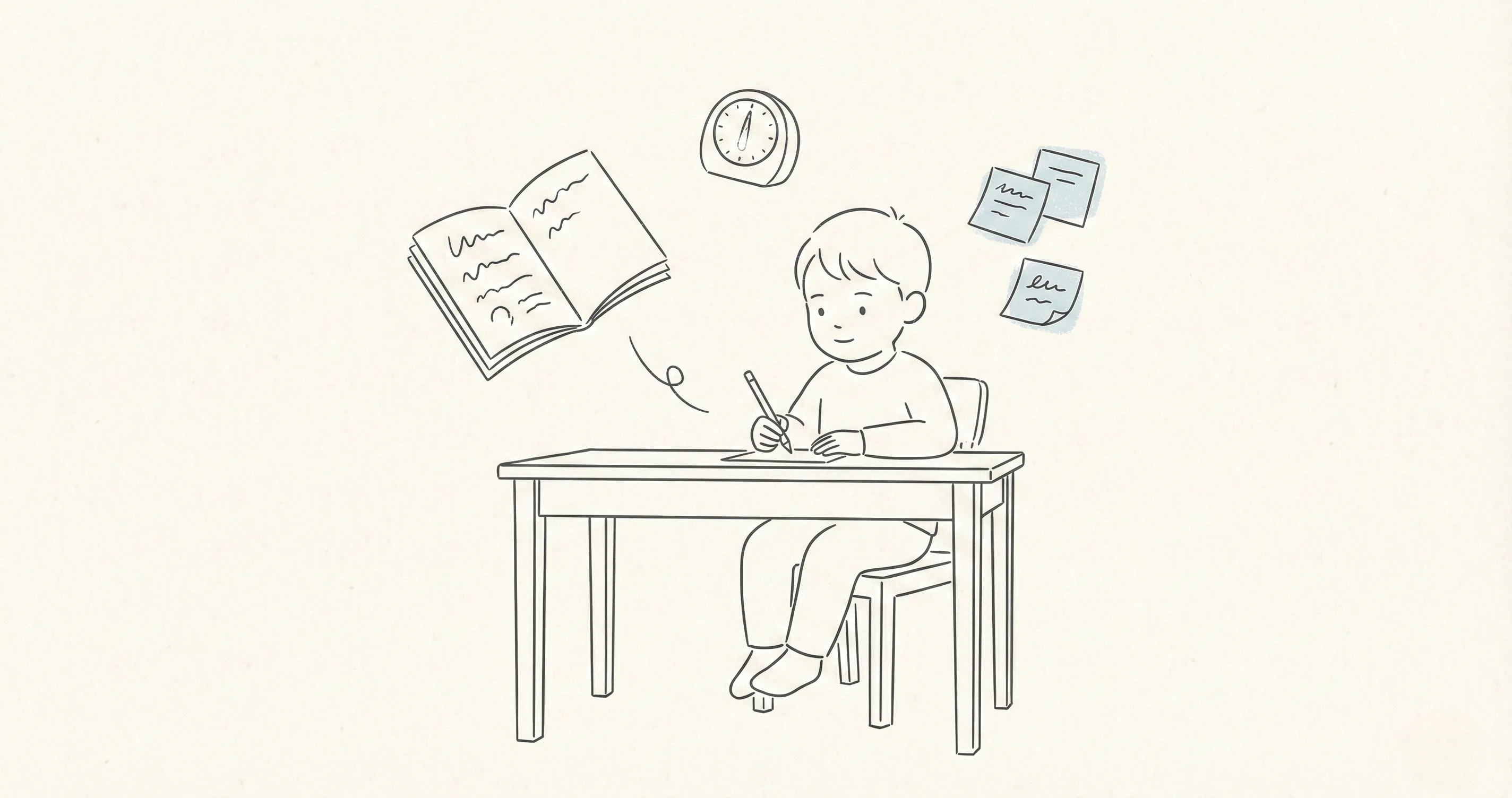 Child at a desk with study tools and a focus timer nearby - study techniques for adhd