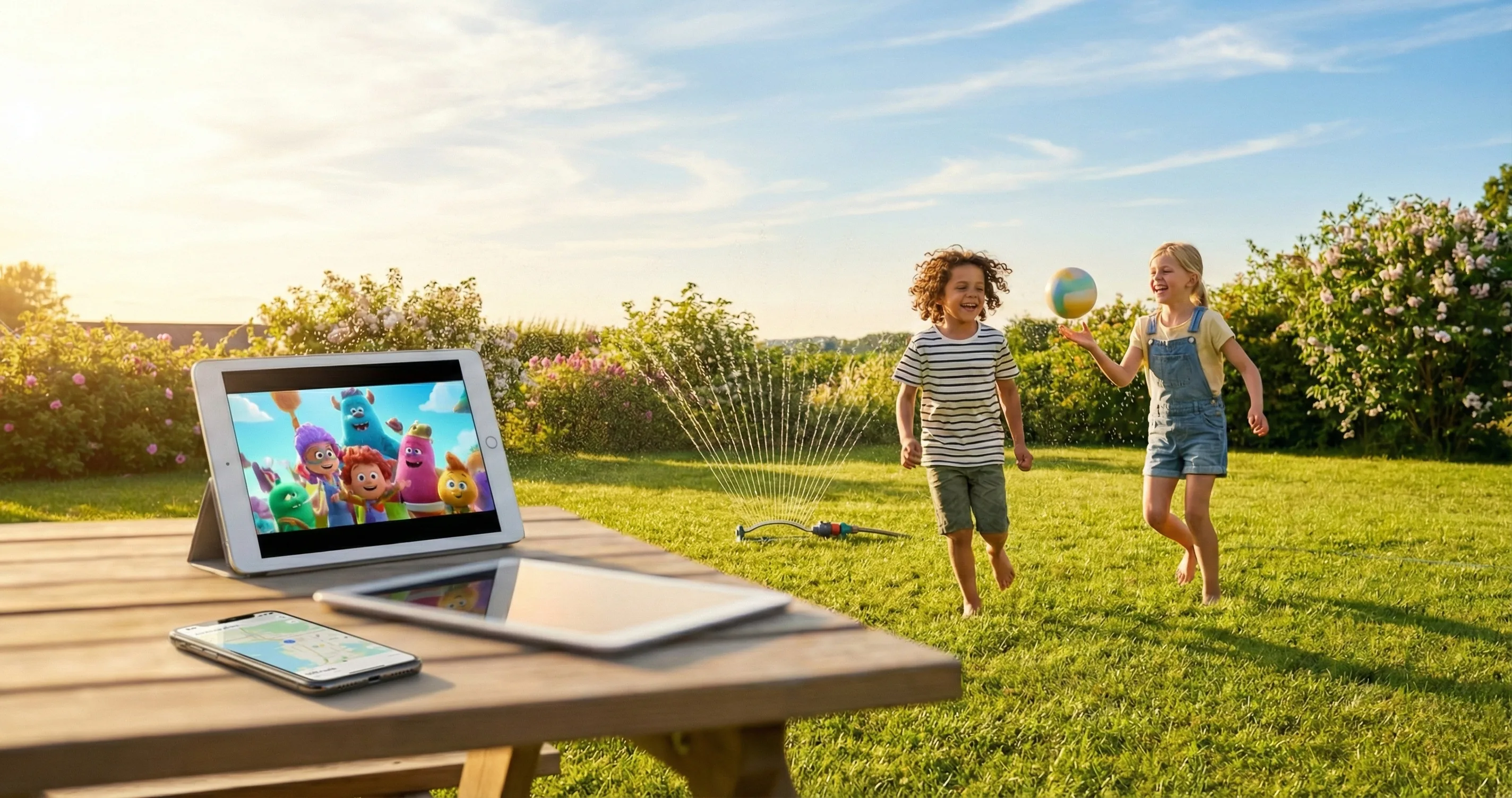 Kids playing outdoors with a tablet resting on a picnic table - summer screen time rules kids