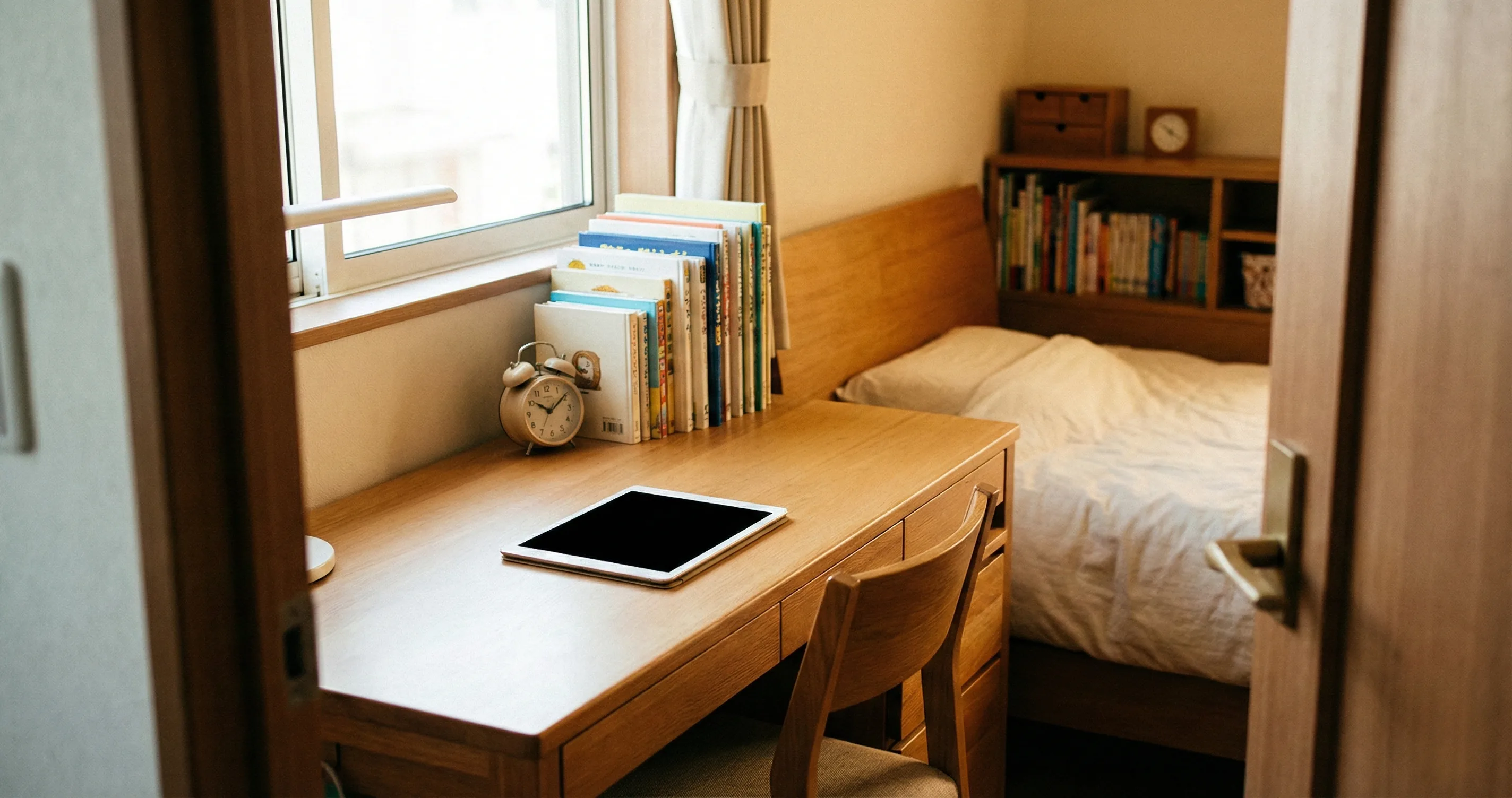 Tidy child desk with tablet and alarm clock in soft natural light - teach kids self-control screen time