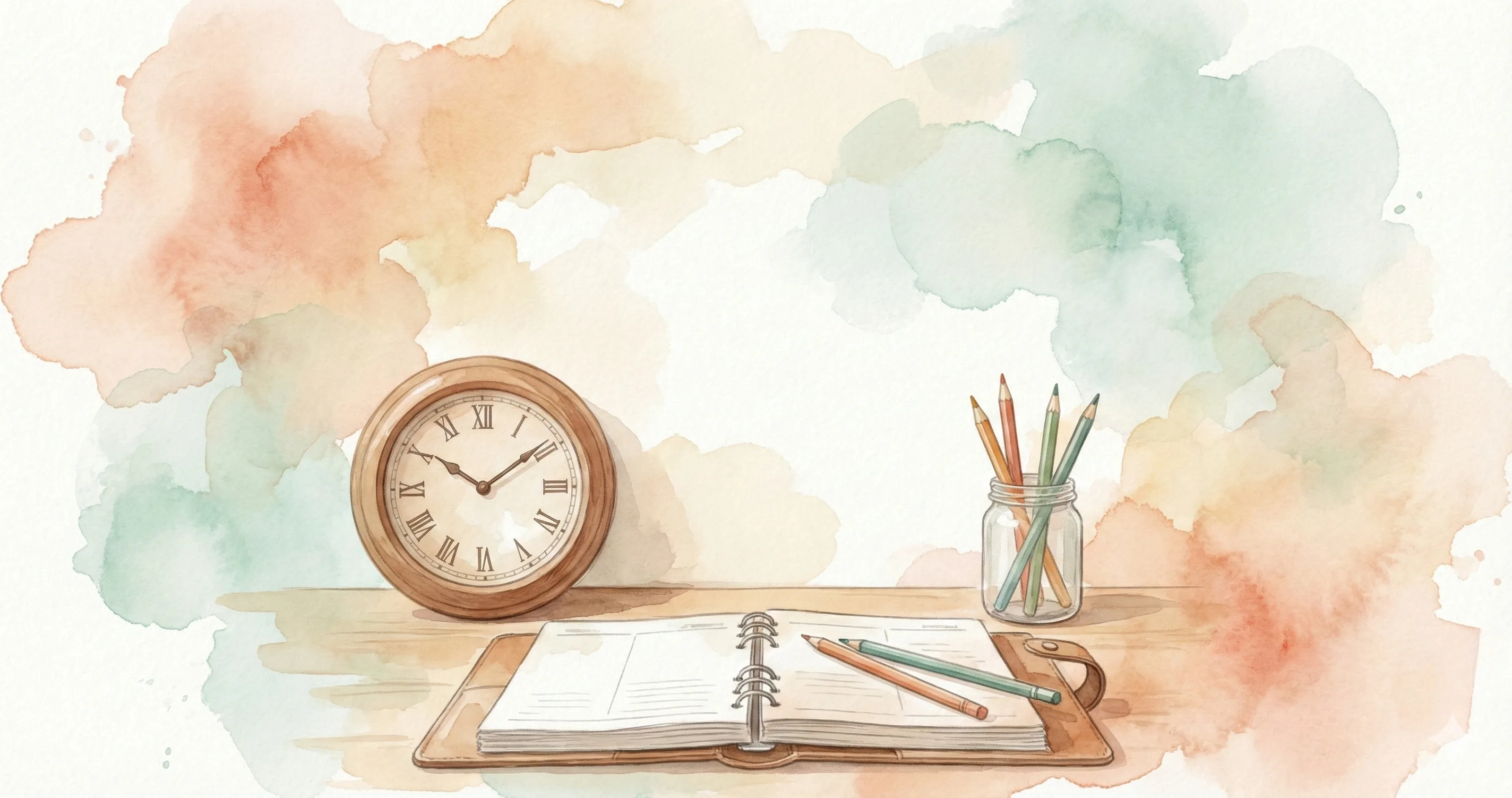 Watercolor desk with clock and planner - teaching time management for kids