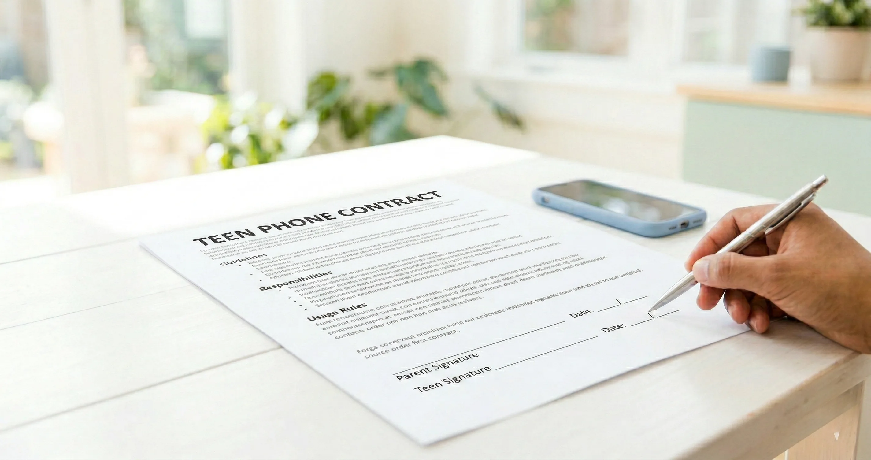 A printed contract on a table with a phone and pen beside it - cell phone contract for teens