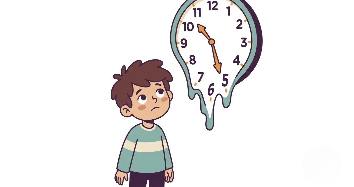 Child looking confused at a clock on the wall while homework sits untouched - time blindness adhd