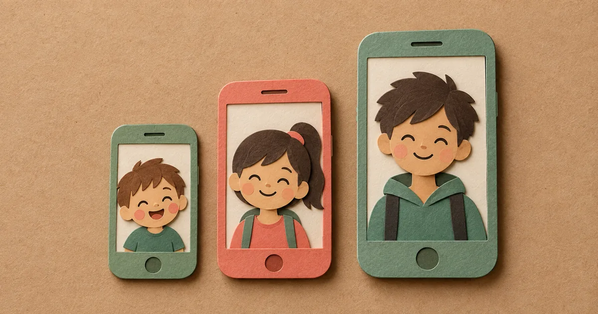 Paper cutout layers showing a kid phone growing through three stages - troomi review