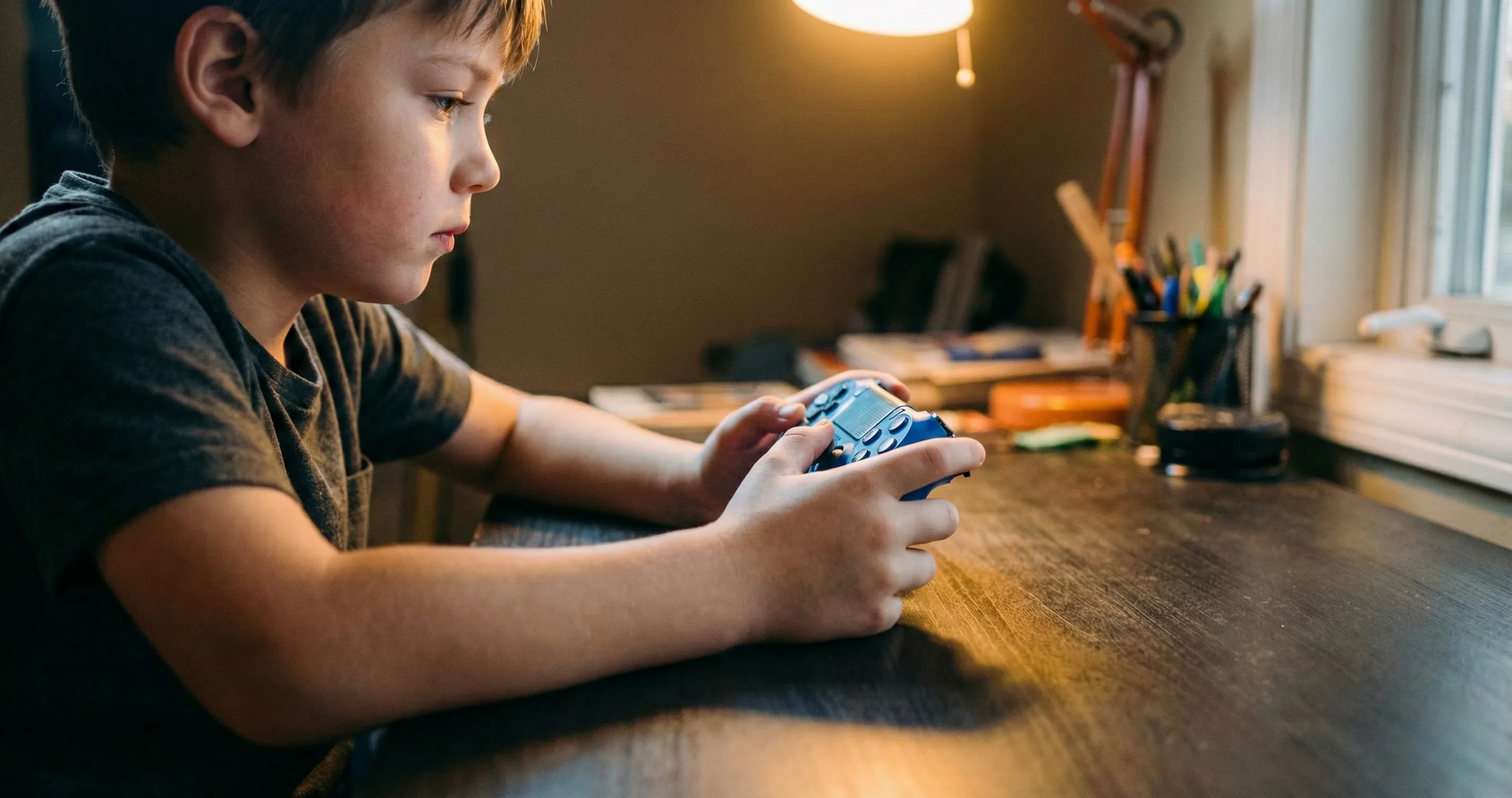 Dramatic photo of a child absorbed in a glowing game controller in a dim room - video game addiction kids