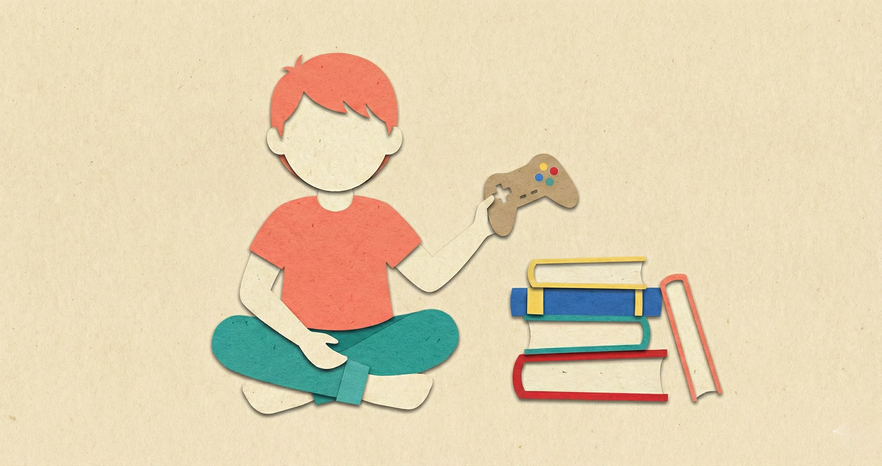 Child with game controller beside a stack of books - are video games good or bad for kids