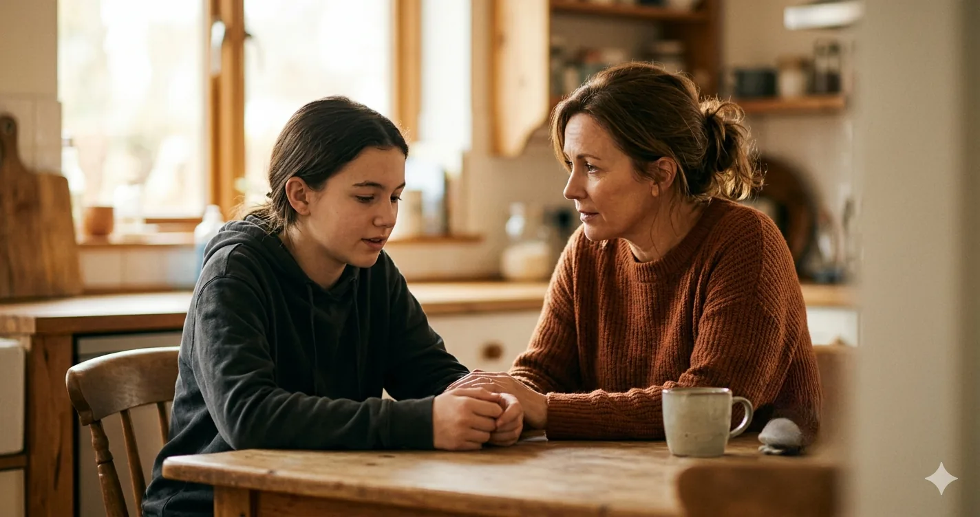 Parent and teen having a serious conversation at a kitchen table - what is sextortion