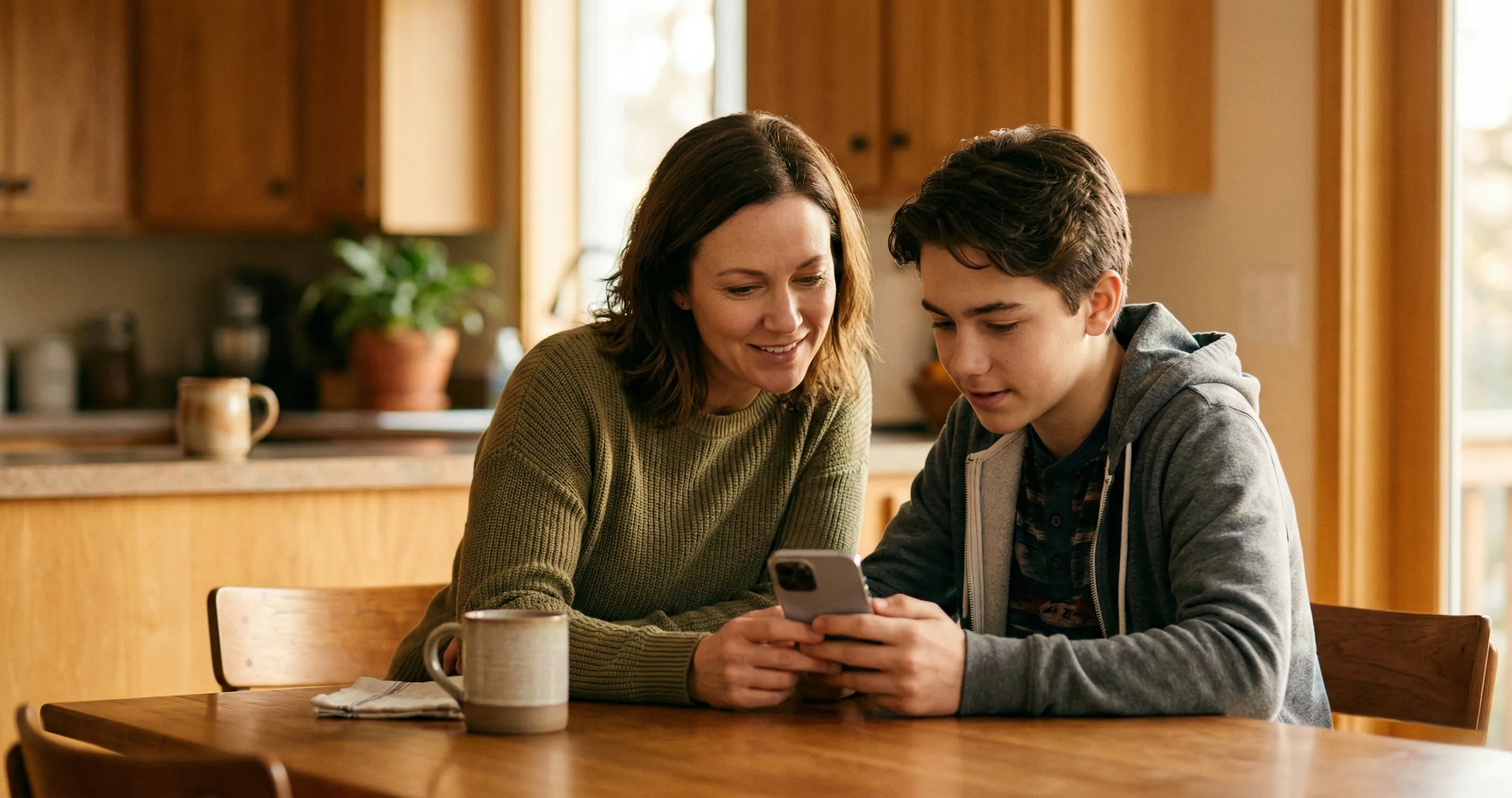 Parent and teenager looking at a phone screen together at a table - when should kids get social media