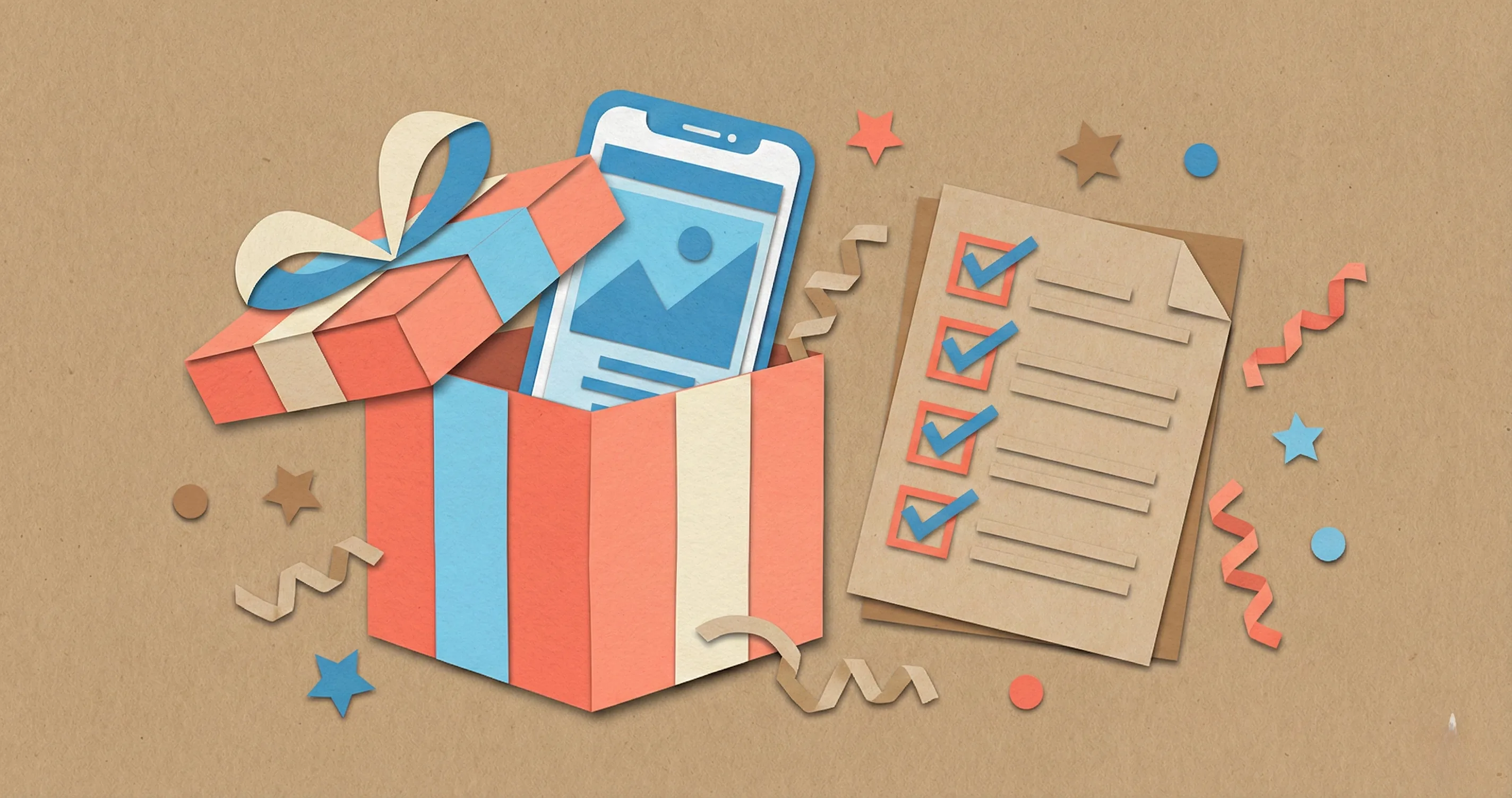 Paper cutout of a gift box with a phone inside and a checklist beside it - when to give kids a phone