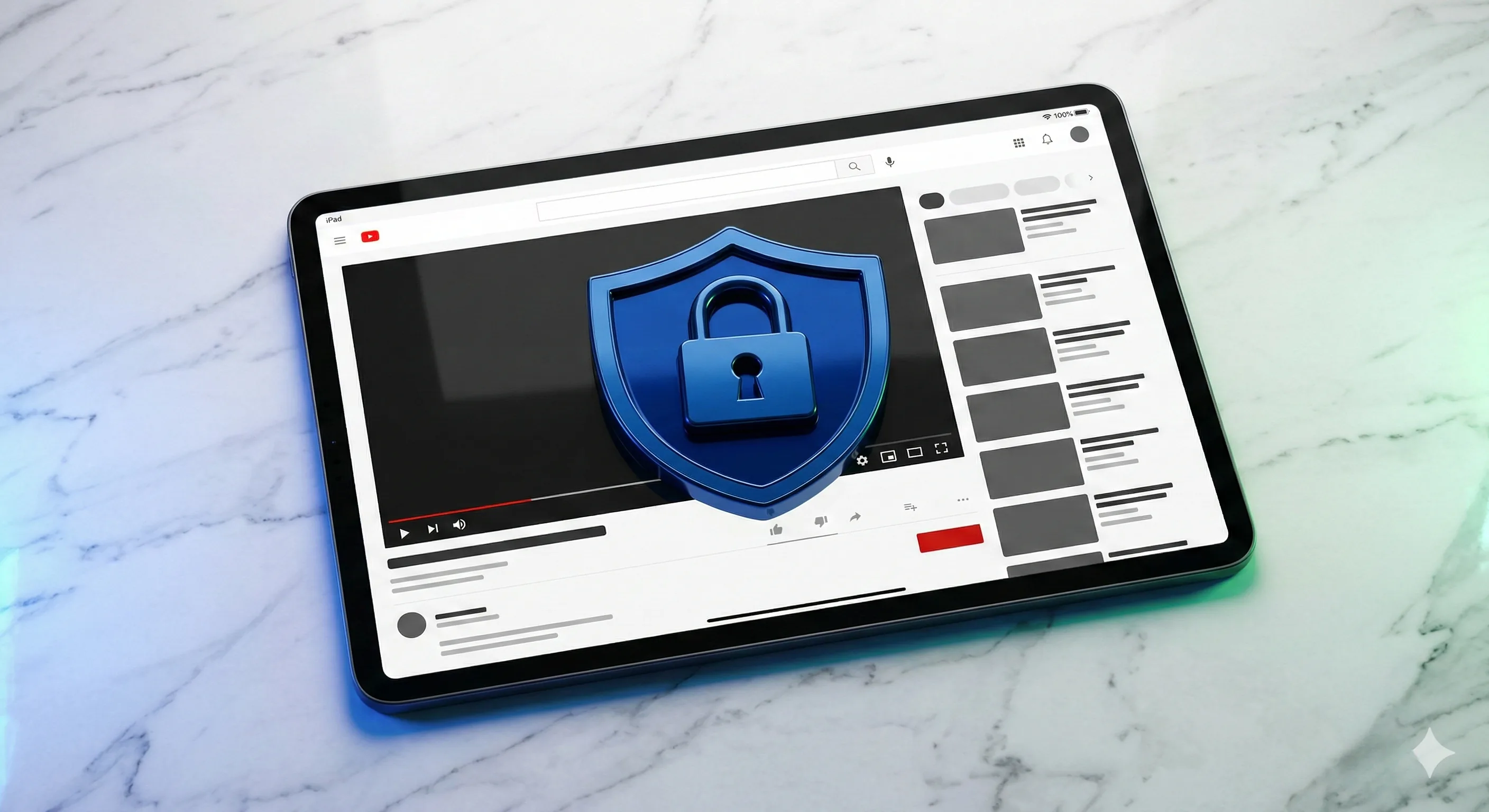 Tablet showing a video player with parental control icons overlay - youtube parental controls