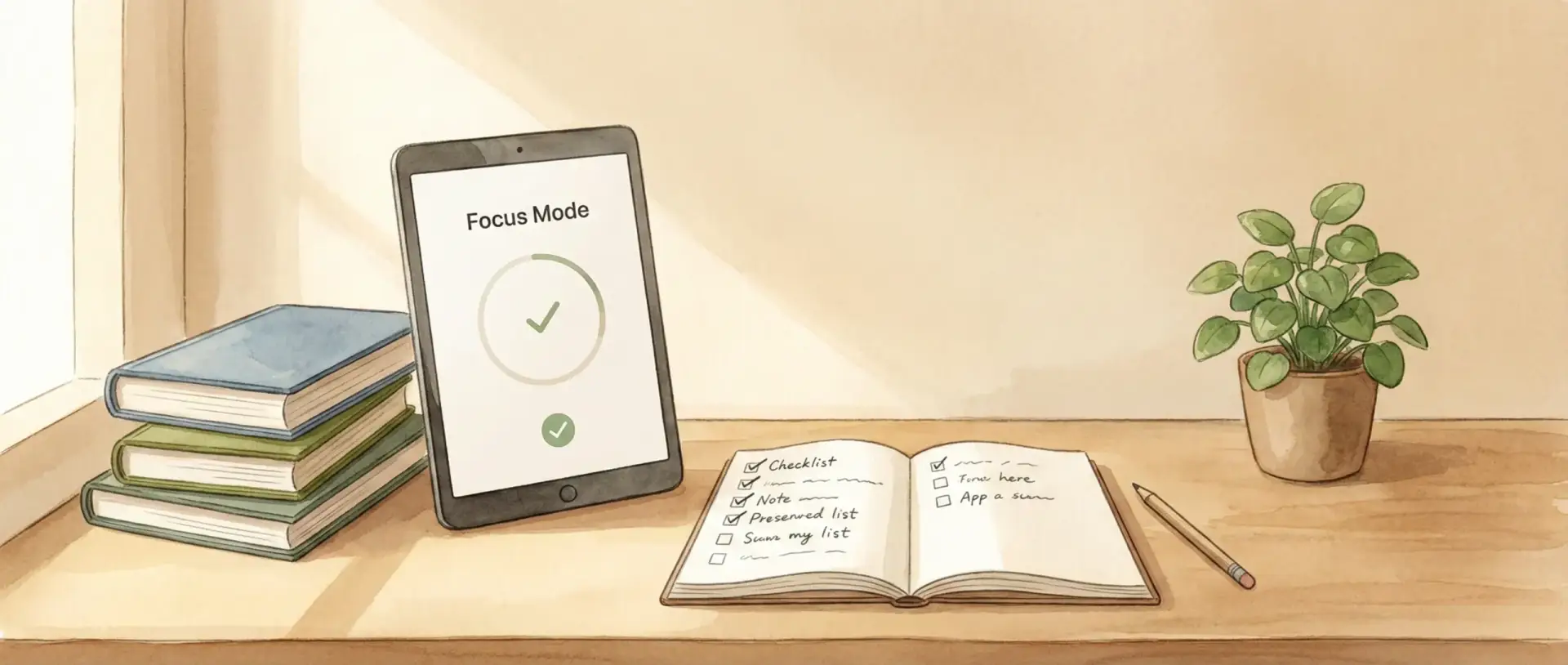 Calm study desk with tablet showing Focus Mode, books, notebook and plant
