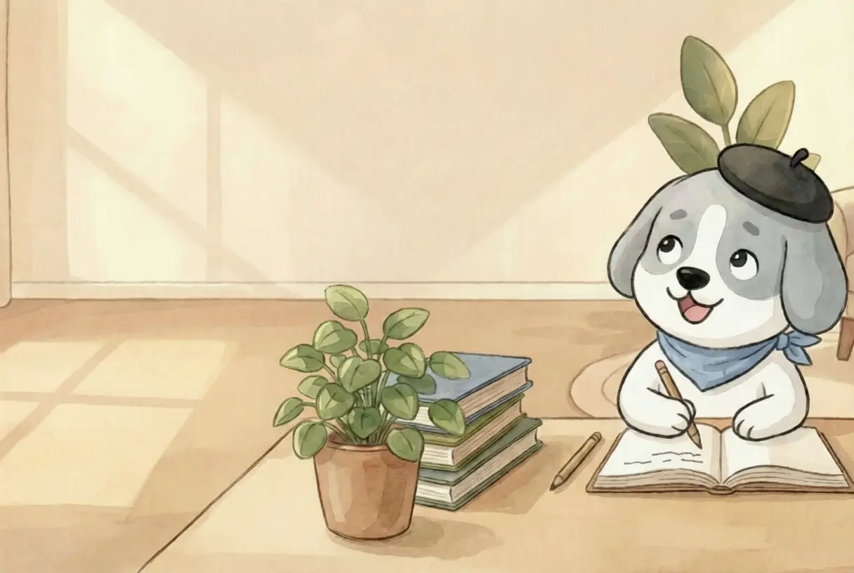 Timily dog mascot writing in a journal surrounded by books — parenting guides for kids' screen time and focus habits