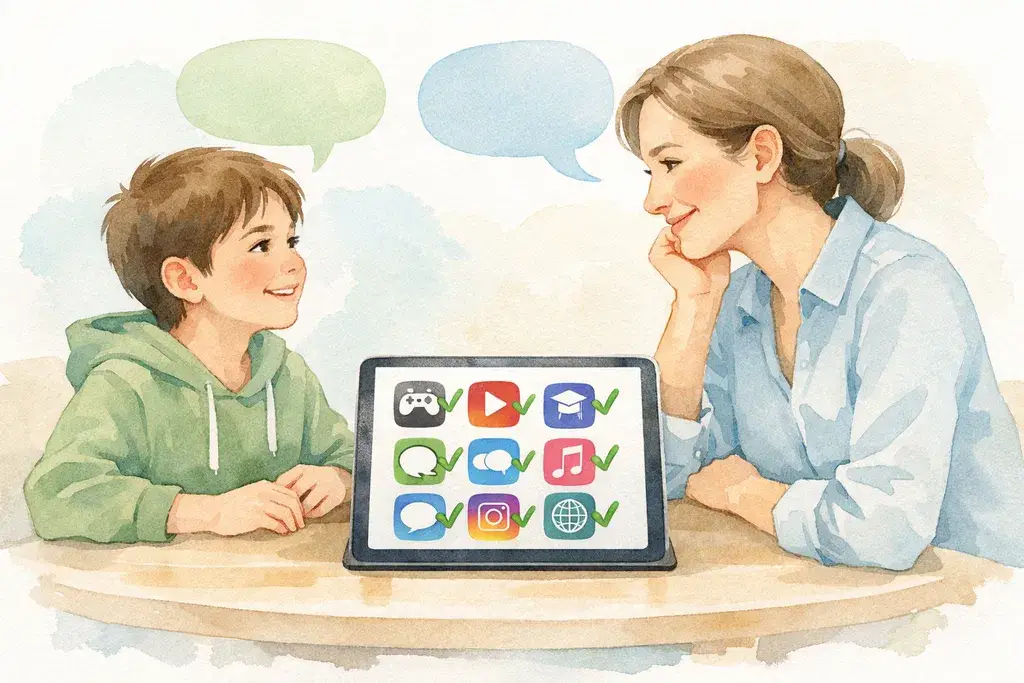 Parent and child setting screen time rules together in Timily app - step 1 block distractions