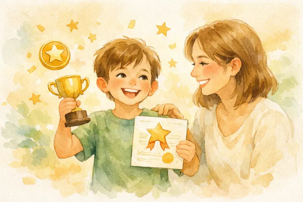 Child celebrating screen time reward with parent after completing weekly Timily challenge